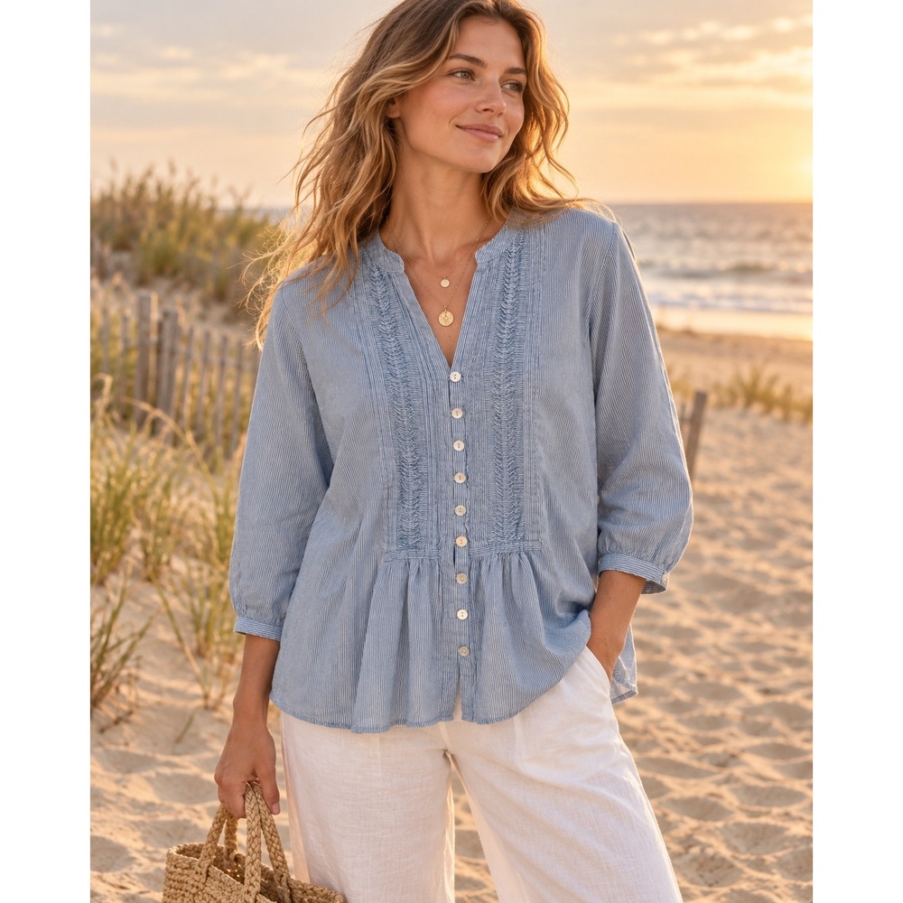 Poetry Blue White Striped Cotton Pintuck Blouse UK 20 US 16 Smocked Top